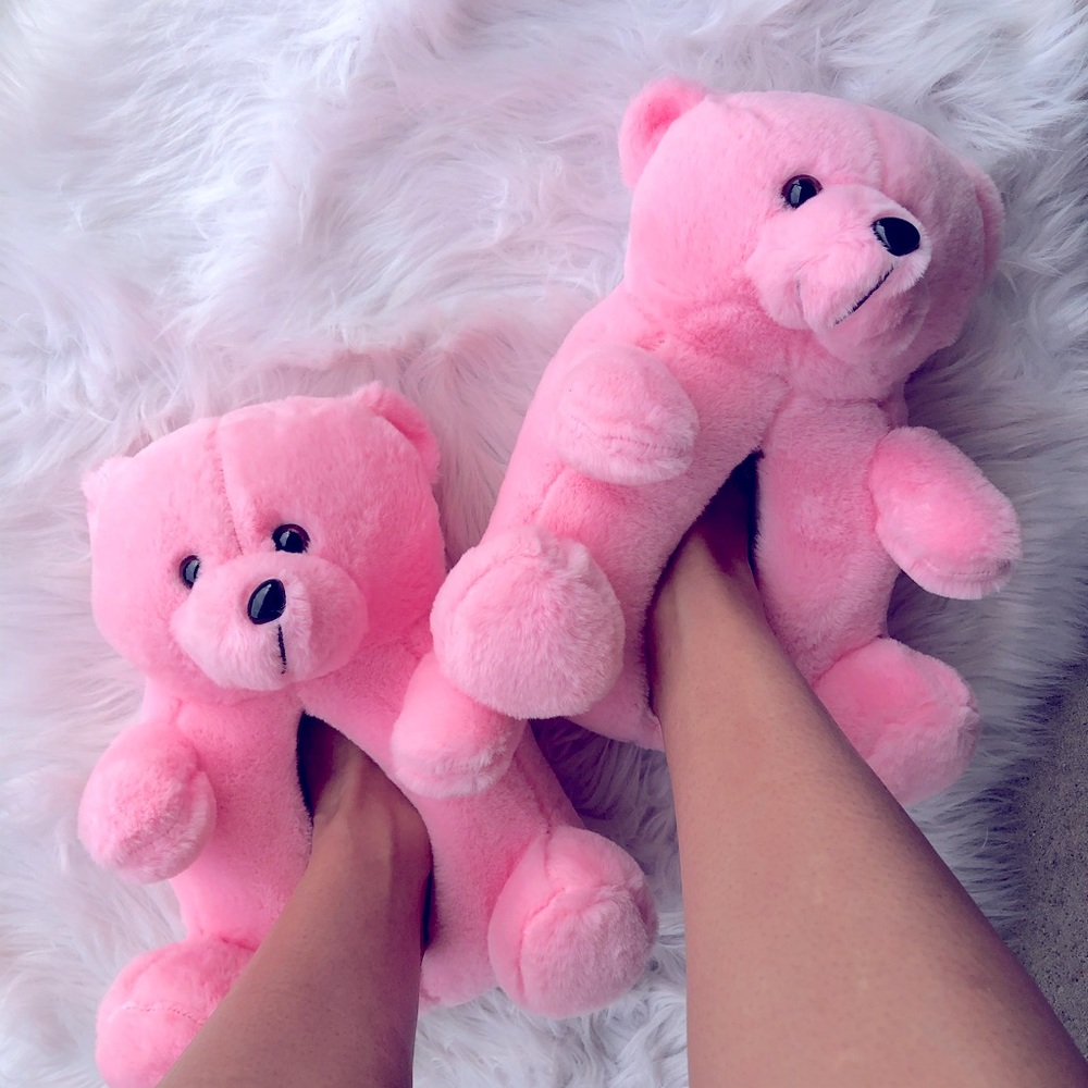 Pink Teddy Bear Plush Indoor Outdoor Slippers - Picture 8 of 11